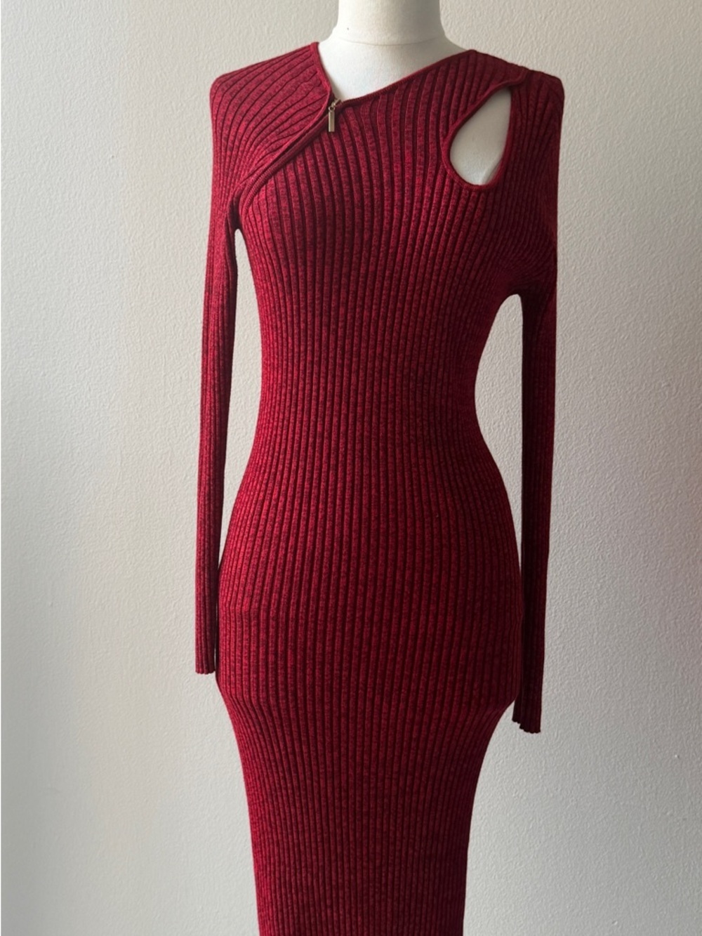 Asymmetric Cutout Ribbed Long-Sleeve Dress - Burgundy